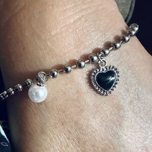 PEARL HEART AGATE BEADS SILVER BRACELET 6-8”✅